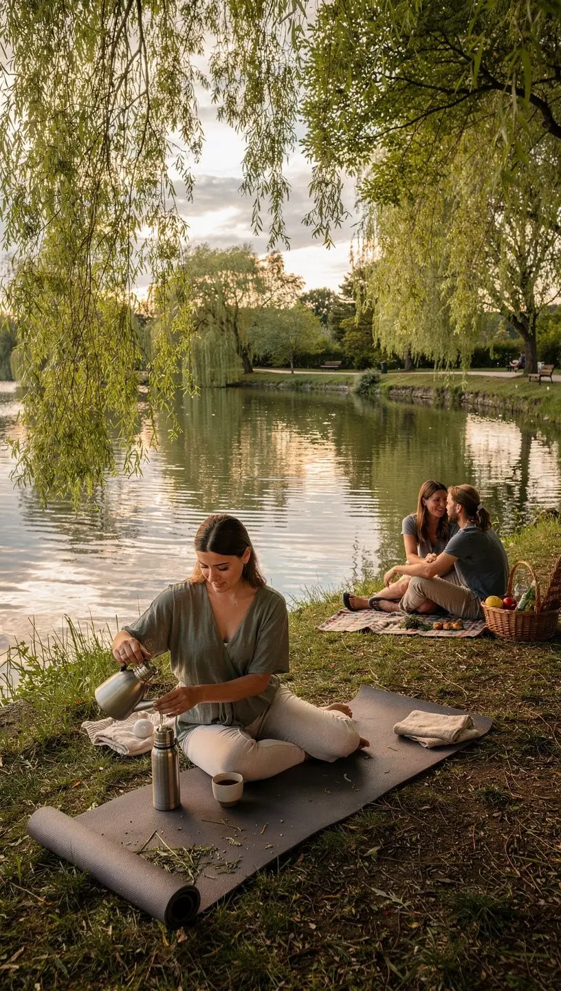 Usmievajúca sa žena vychutnávajúca si teplý bylinkový čaj na terase s výhľadom na hory.